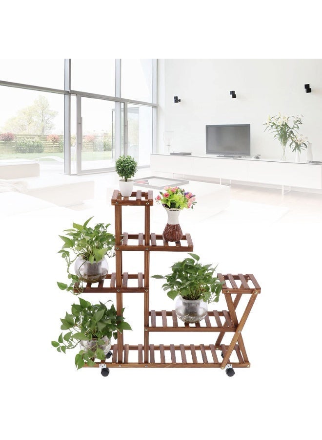 6-Tier Wooden Plant Stand with Wheels, Mobile Flower Shelf for Indoor & Outdoor, Solid Spruce Wood Balcony Garden Rack, 30kg Capacity for Pots, Books, Decor - Image 5